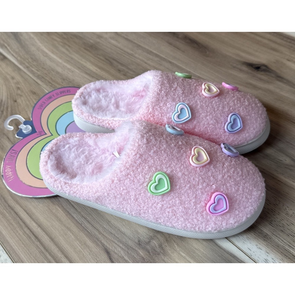 Danbar Slippers Girls Size 5/6 Pink Fuzzy Rainbow Heart Slip On‎ Shoes NEW